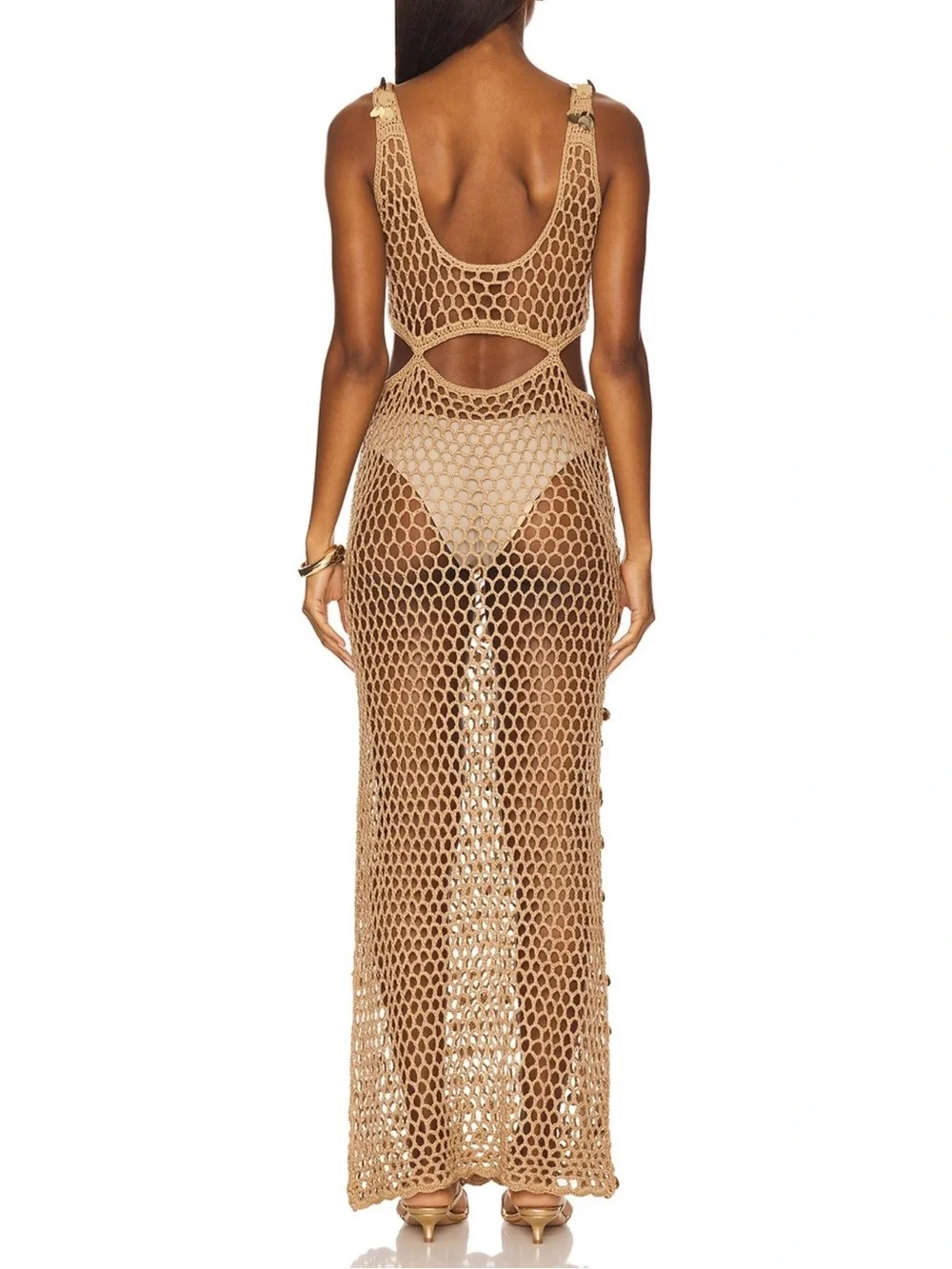 Superdown Gold Crochet Sequin Cutout Maxi Swim Coverup